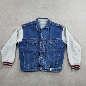 Vintage Guess By Georges Marciano Jacket Mens XL Blue Denim Varsity Logo Back
